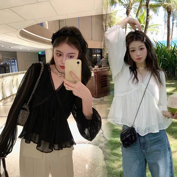 Red Berryเสื้อลูกไม้ฝรั่งเศส เสื้อเชิ้ตผ้าชีฟองแขนยาวผูกเชือกสุดชิคระดับไฮเอนด์99141