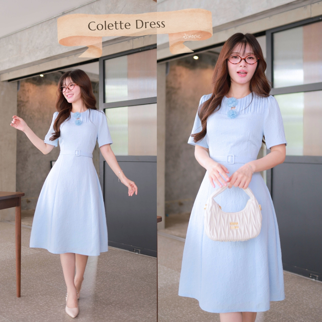 "Romi"Oil" Colette Dress (Blue) K313 ชุดเดรสสีฟ้า (แต่งดอกไม้ที่อกมีเข็มขัด)