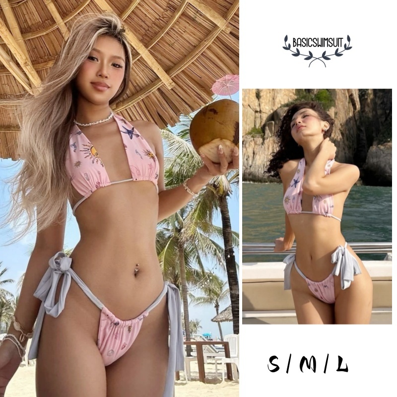 🧡Basic swimsuit💛 ชุดว่ายน้ำผู้หญิง bikini แบบผูก ชุด 2 ชิ้น สีชมพู ผ้าคุณภาพเยี่ยม สวมใส่สบาย
