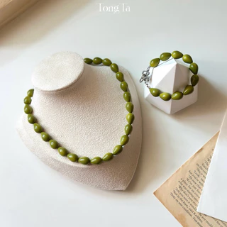 สร้อยคอลูกปัด olive ทรงหยดน้ำ สีเขียวมะกอก🫒🫒 (พร้อมส่ง) TongTa.store