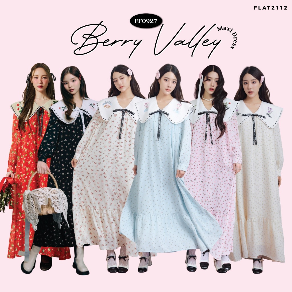 FLAT2112 : BERRY VALLEY MAXI DRESS เดรสยาว แขนยาว ชุดเดรสยาว ลายดอกไม้ เดรสออกงาน (FF0927)