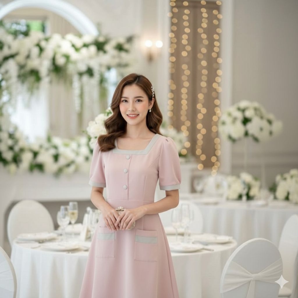 AP STYLE เดรสทำงานสีชมพูกลีบบัว แต่งขอบสีครีม คอเหลี่ยม มีซับในซิปหลัง size XL