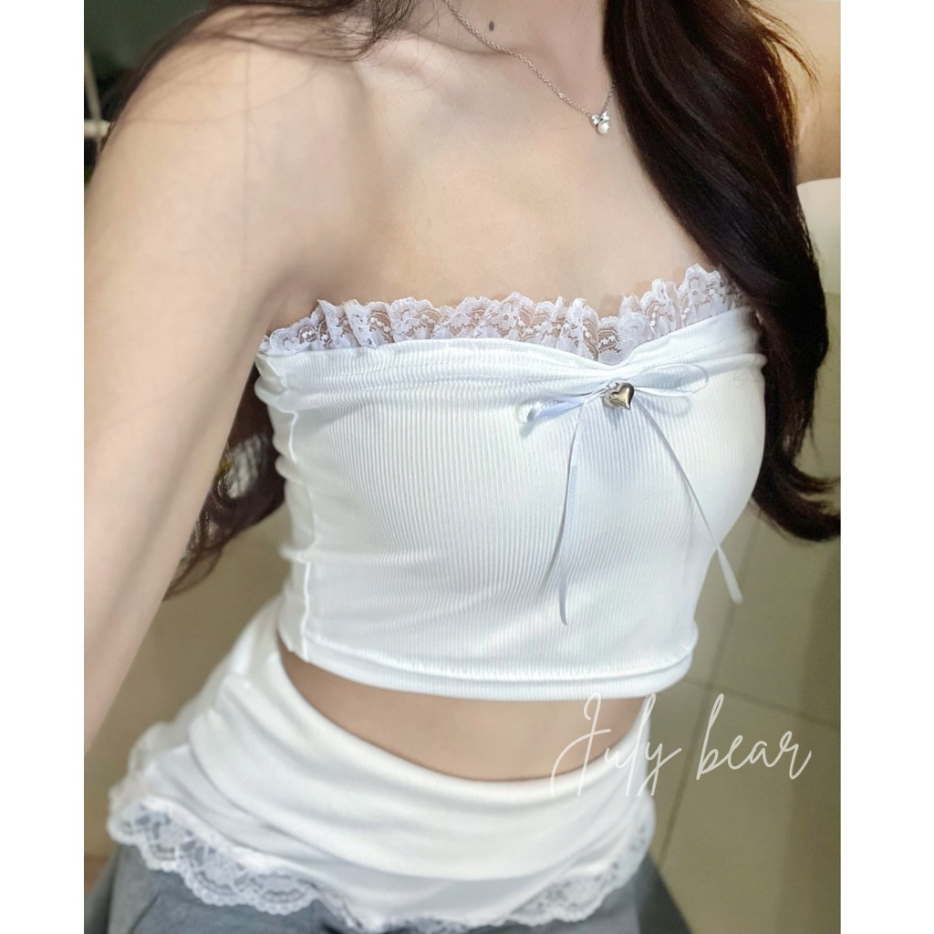 [ส่งของภายใน24ชม. 🇹🇭]Julie bear💗 new collections เสื้อเกาะอกสุดคิ้วท์ ครอปขาวระบาย ลูกไม้สีชมพู