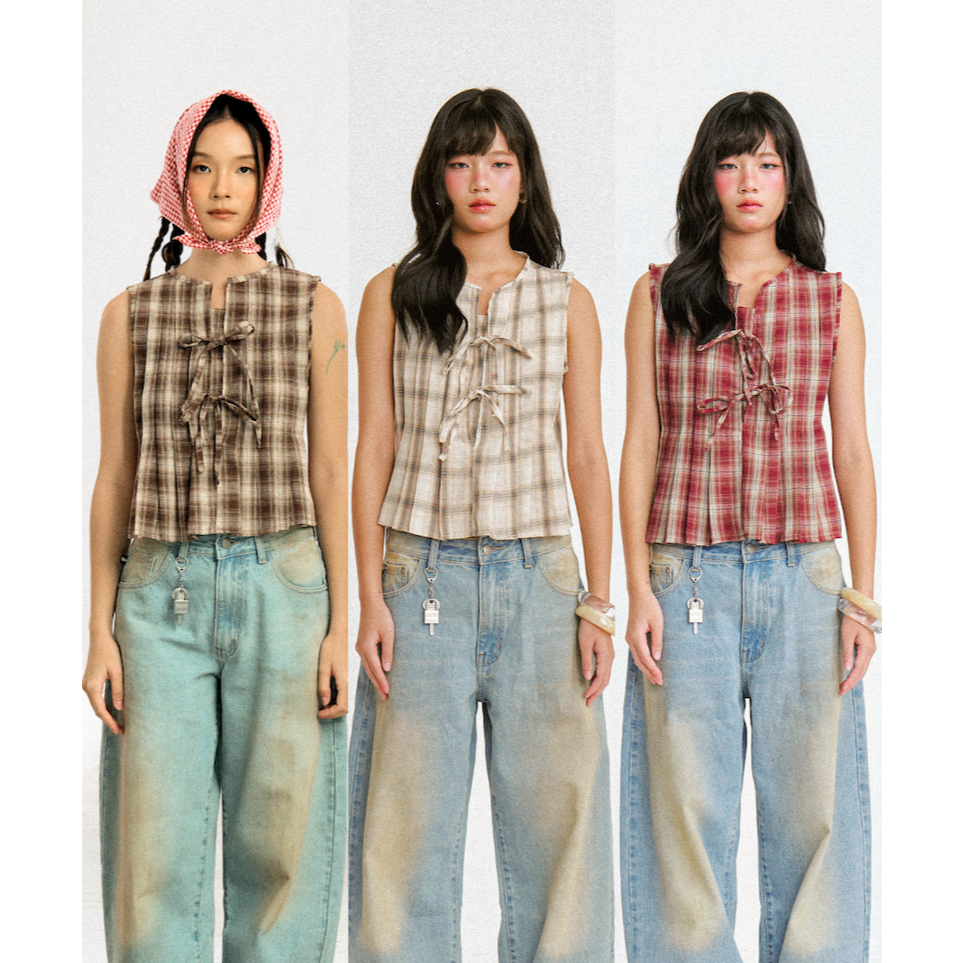 ENDOFMARCH | SIENA BLOUSE เสื้อแขนกุด ผูกโบว์หน้า ลาย Plaid