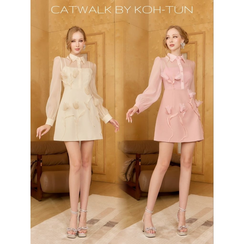 Catwalk●พร้อมส่ง//เดรสสั้นแขนยาวซีทรูปกเชิ๊ต