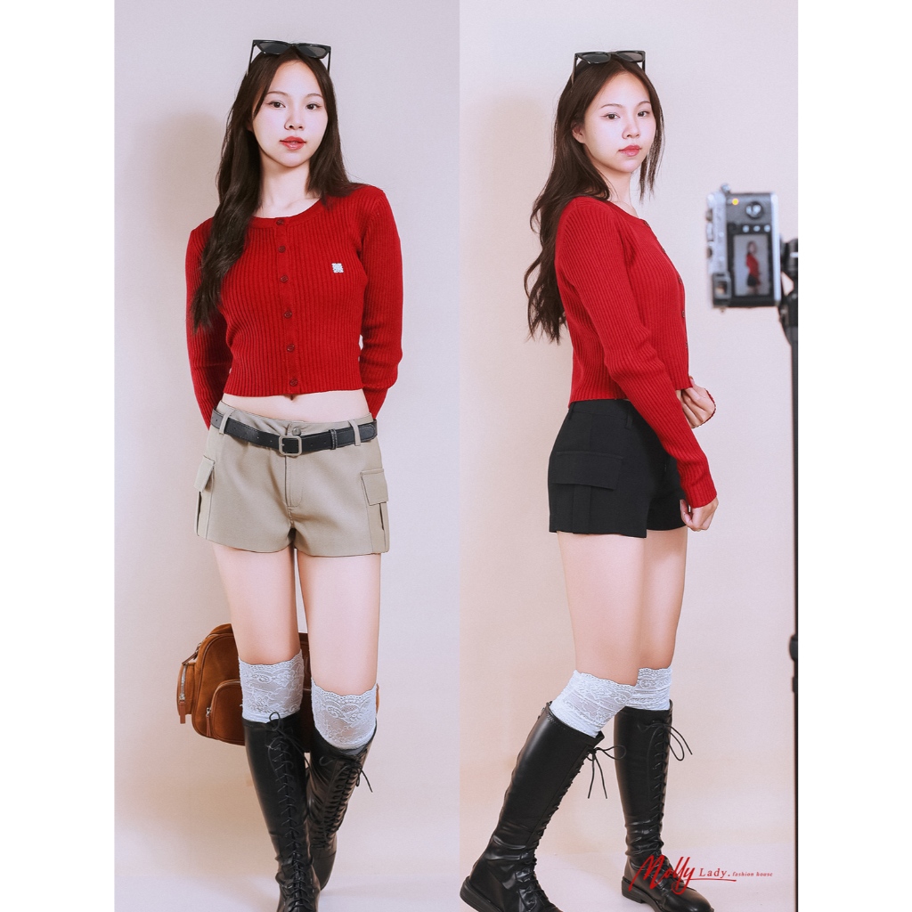 Molly Lady ❤️ Cargo Shorts กางเกงขาสั้นเอวต่ำ เข้ารูป มีกระเป๋าข้างพร้อมเข็มขัดหนัง  Low-waisted รูปที่ 4