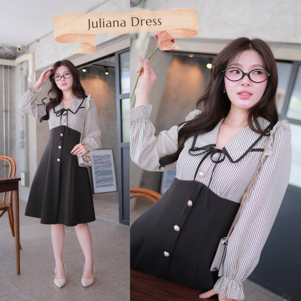 "Romi"Oil" Juliana Dress (Black) K350 ชุดเดรสสีดำ (แขนยาวลายทาง)