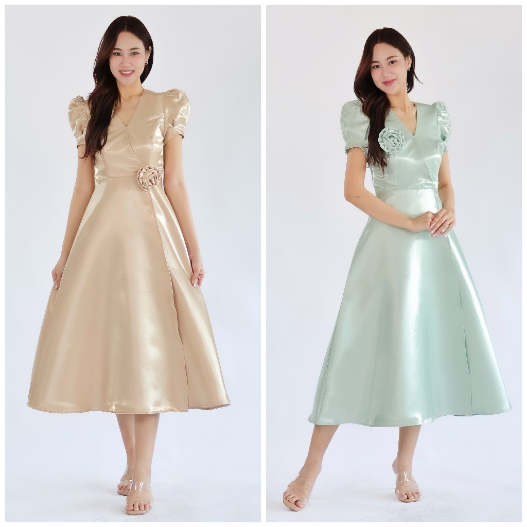 LX8210 เดรสแขนตุ๊กตา กระโปรงบาน ผ้าsilk ชุดไปงานแต่ง ชุดออกงาน เดรสเพื่อนเจ้าสาว สีพาสเทล [LUXURY707]