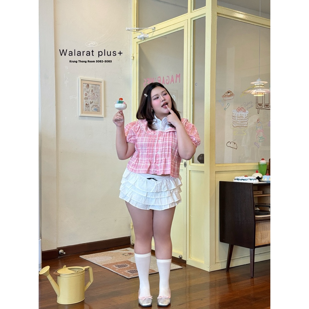 (ลดแรงโปรเปิดร้าน+ส่งฟรี✅)เสื้อสาวอวบอ้วนลายสก็อตพาสเทล ใส่แล้วละมุนเหมือนขนมหวาน(36-50) - รูปที่ 5