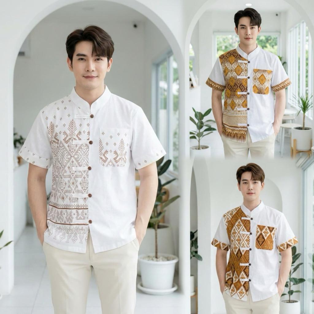 เสื้อพื้นเมืองผู้ชายคอจีน ทูโทนลายไทย