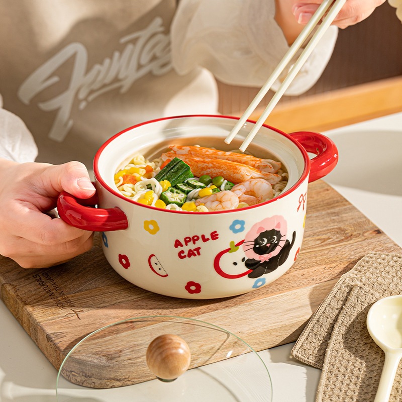 ชามมาม่าเซรามิก หนาพิเศษ ลายแมวน่ารักๆ มีฝาปิด เข้าเวฟได้ ใส่แกง/ซุปได้ 800ml ของใช้เด็กหอ 🇹🇭พร้อมส่ง - รูปที่ 4
