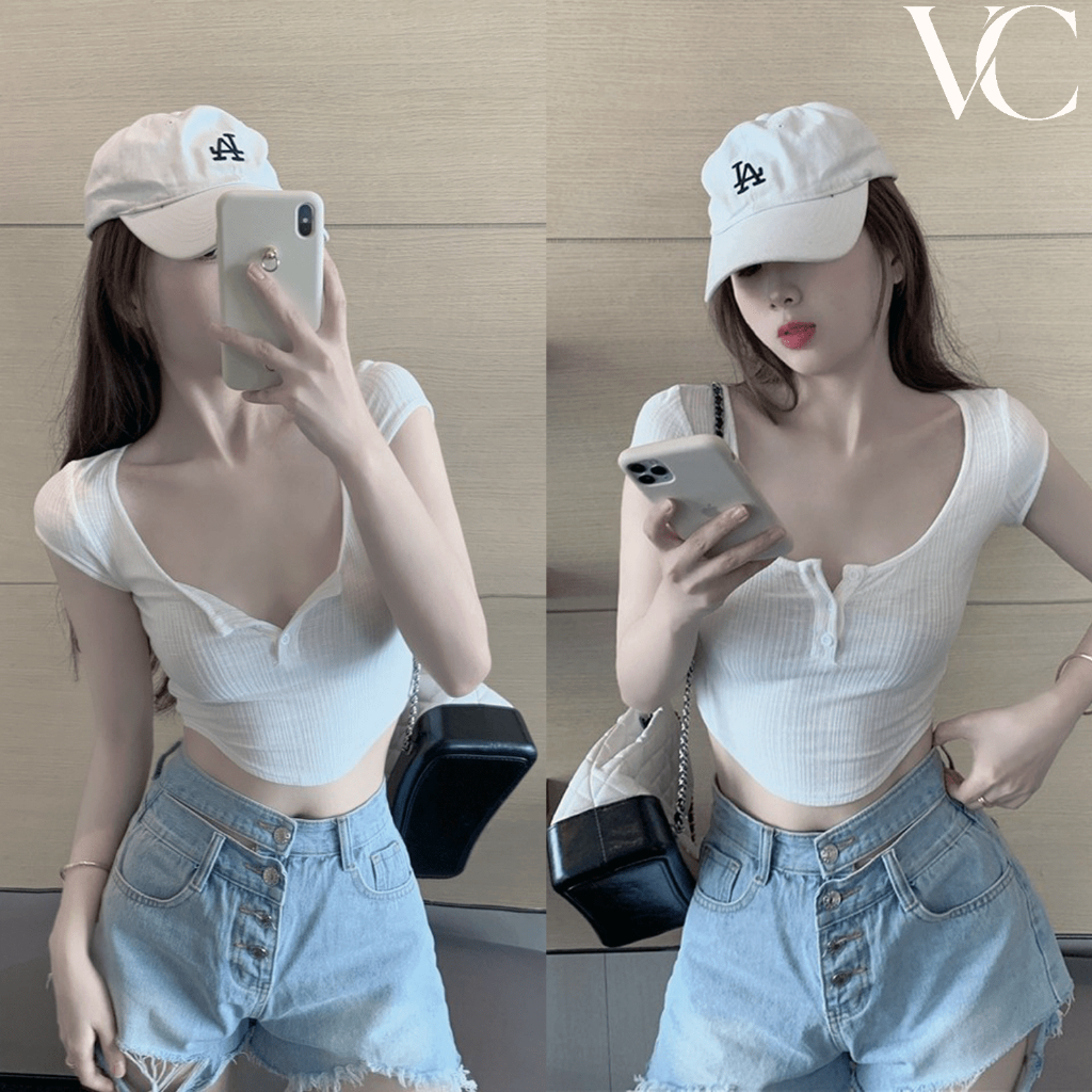เสื้อครอปเซ็กซี่สำหรับผู้หญิง เสื้อยืดกระดุมคอเหลี่ยมแขนสั้นผู้หญิง เสื้อถักลายนูนสีทึบ เสื้อฐานบาง ฤดูร้อนY114