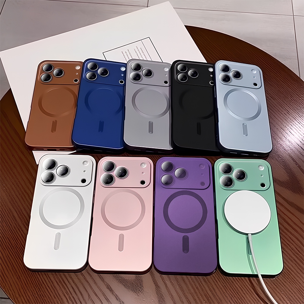 เคสโทรศัพท์แบบแม่เหล็กดูดสีเมทัลลิก For iPhone 17Air 11 13 12 16 14 Pro 15 Pro max พร้อมฟิล์มเลนส์แบบครอบป้องกัน