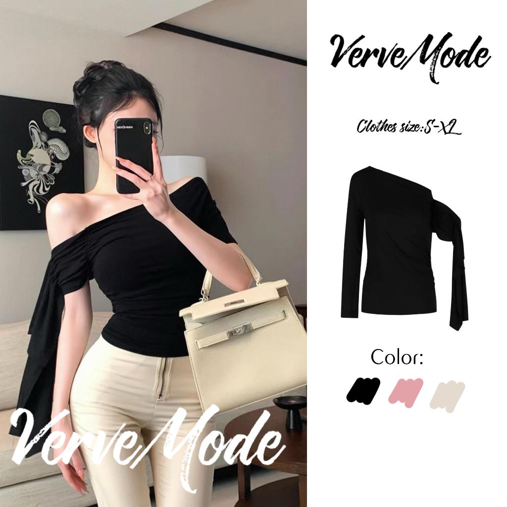 VerveMode. จัดส่งในประเทศไทย ดีไซน์เสื้อยืดคอเฉียงริบบิ้นไม่สม่ำเสมอสำหรับผู้หญิงฤดูใบไม้ผลิ 2026 ใหม่เซ็กซี่เปิดไหล่เข้