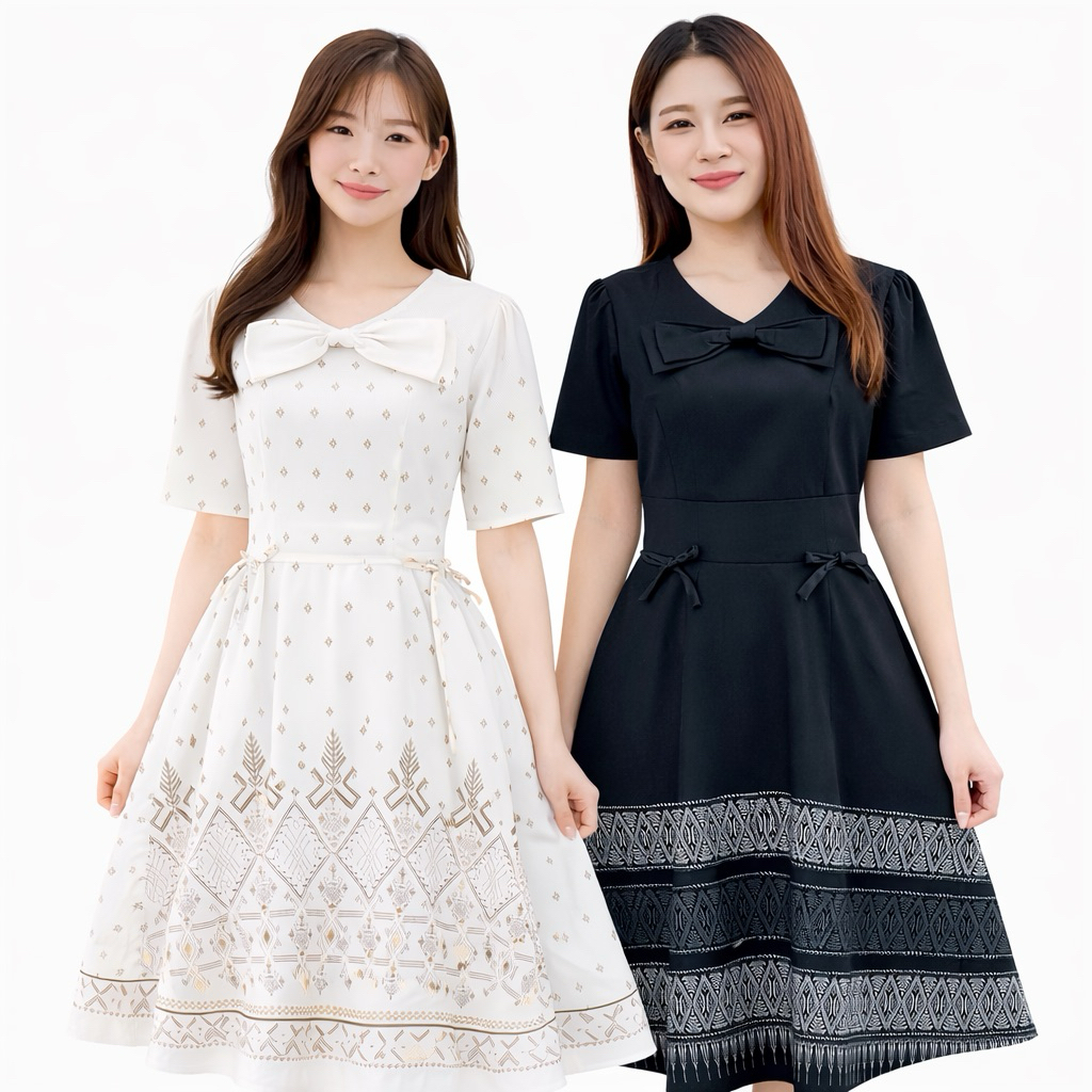 ชุด2in1 มีซิปหลังและสม็อคหลัง ติดโบว์ใหญ่ๆที่คอเสื้อ ผูกโบว์ที่เอวทั้ง 2 ข้าง เดรส ผ้าไทย ชุดผ้าไทย ชุดทำงานผู้หญิง