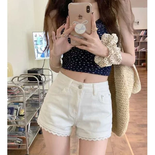 Rosy.bra🌸กางเกงขาสั้นยีนส์แฟชั่น กางเกงยีนส์ขาสั้น ลูกไม้ลูกไม้ ดีไซน์เอวสูง สไตล์เกาหลีเรียบง่าย