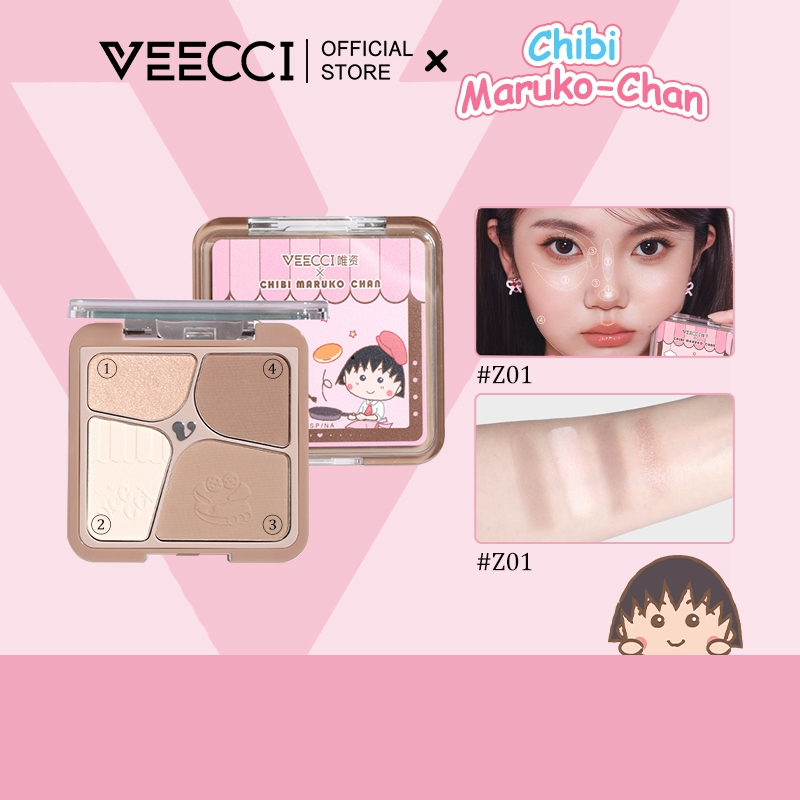 （100% ของแท้）VEECCI x Chibi Maruko-Chan คอนทัวร์ ไฮไลท์ จานสี 4 in 1 ชิมเมอร์ เคลือบ บรอนเซอร์ คอนทั