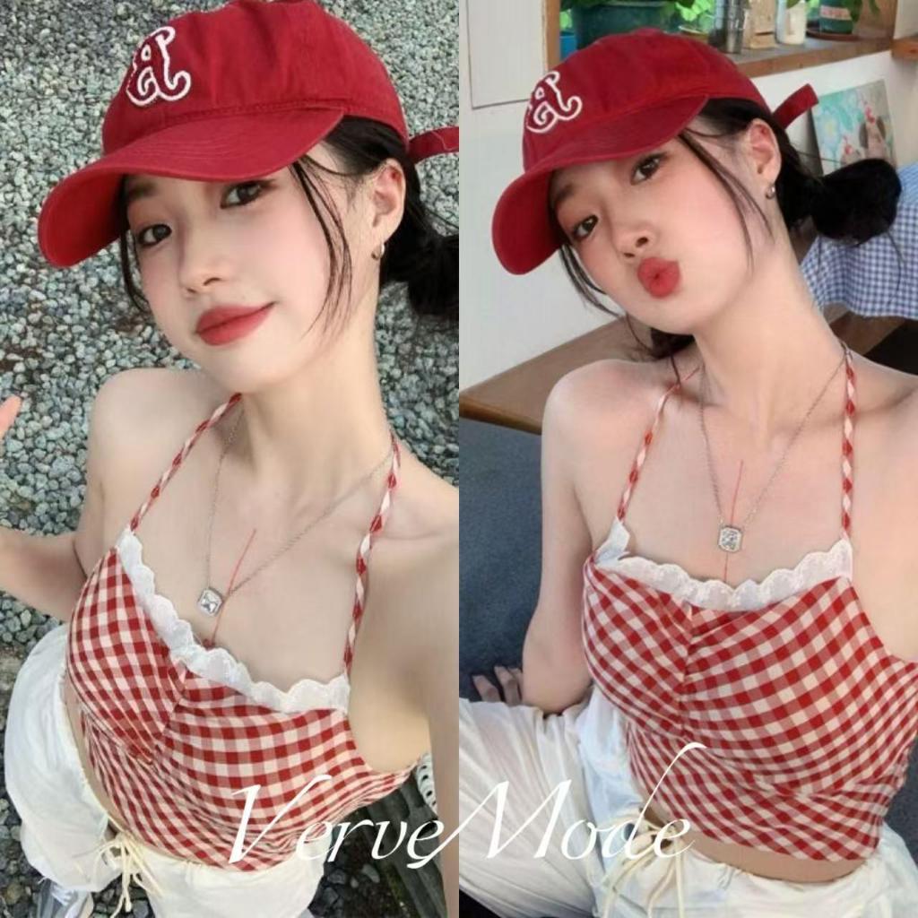 VerveMode.🍓จัดส่งในประเทศไทย🍓เสื้อคอกลมลายสก็อตสีแดงสำหรับใส่ในฤดูร้อน เสื้อตัวสั้นสไตล์หวานๆ เผ็ดร้อนพร้อมสายเดี่ยวแต่ง