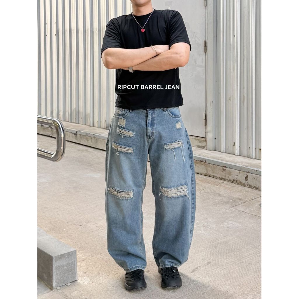 RIPCUT BARREL JEANS กางเกงยีนส์ทรงบาเรล ขาโค้งแต่งขาด