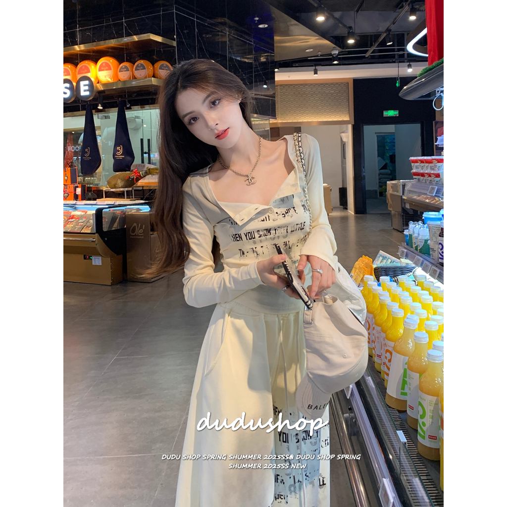 [Trendy lettering, casual two-piece set]เวอร์ชั่นเกาหลีผู้หญิงเทรนด์ตัวอักษรเสื้อยืดแขนยาวและกางเกงขากว้างสบาย ๆ