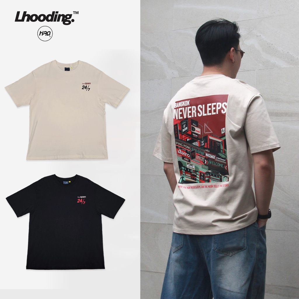 Manfair-เสื้อยืดคอกลมแขนสั้น ลาย Bangkok Never Sleeps ผ้าคอตตอนแท้ สีครีม-สีดำ(MFT015)