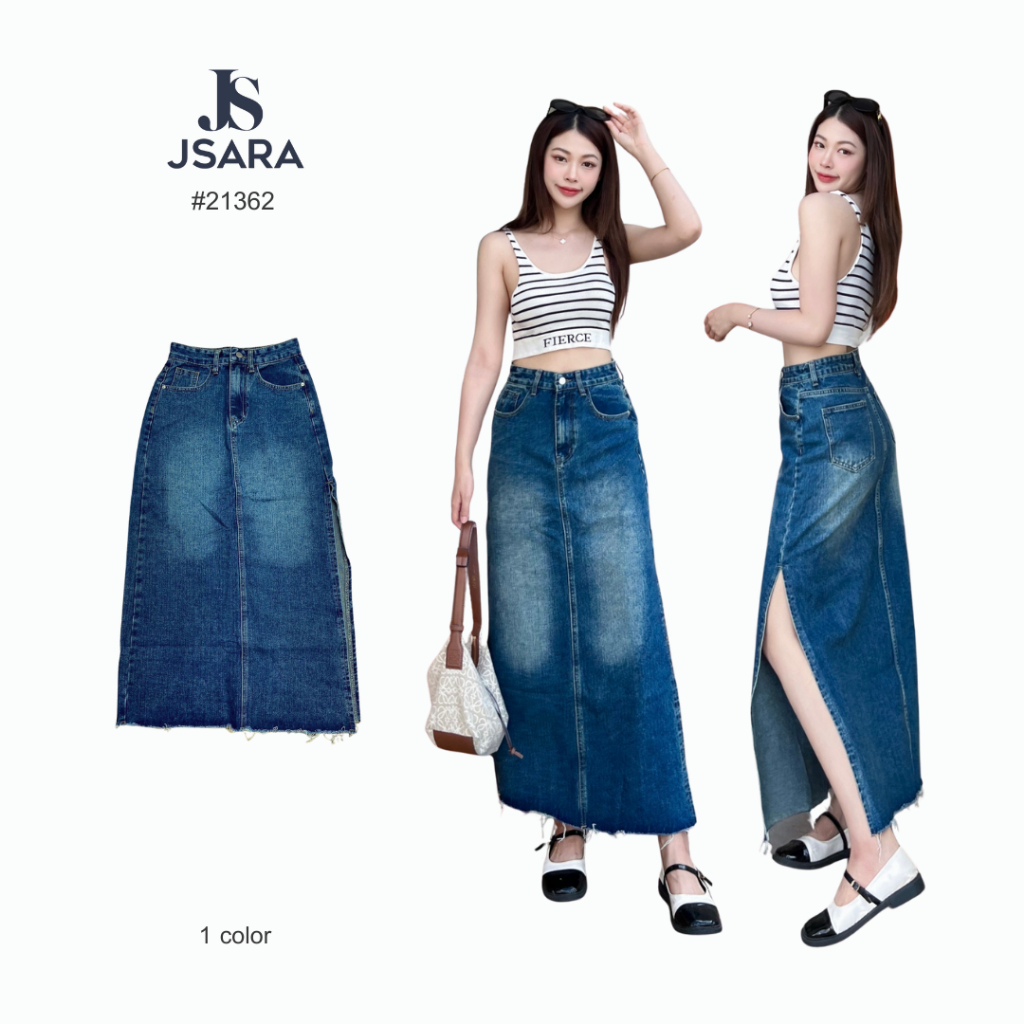 JSARA กระโปรงยีนส์ยาว ผ่าข้าง ผ้าไม่ยืด Office Hour Size S-3XL กระโปรงรหัส 21362