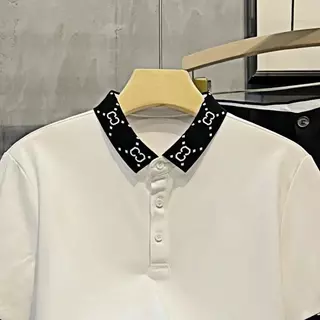 PROMANเสื้อโปโลผู้ชาย เสื้อแขนสั้นปกปก คอปกลาย ผ้าไหมเย็นระบายอากาศ พักผ่อน หลวม แฟชั่น