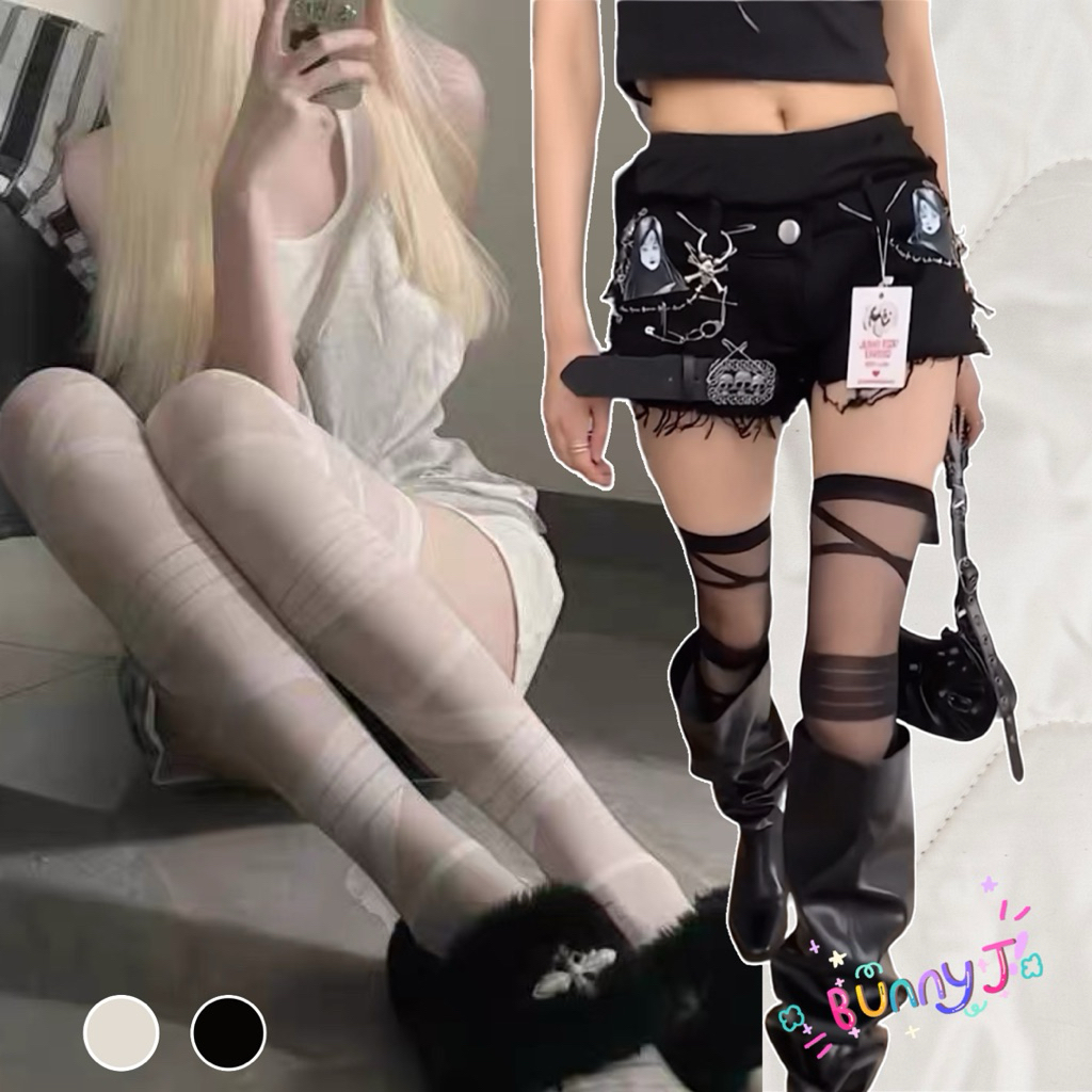 ถุงน่องลายเทป ผ้าพันแผล พร้อมส่งในไทย BunnyJ. ถุงน่องแฟชั่น สาวพสจีน สตรีท กอทิค ห้ามพลาด🤍