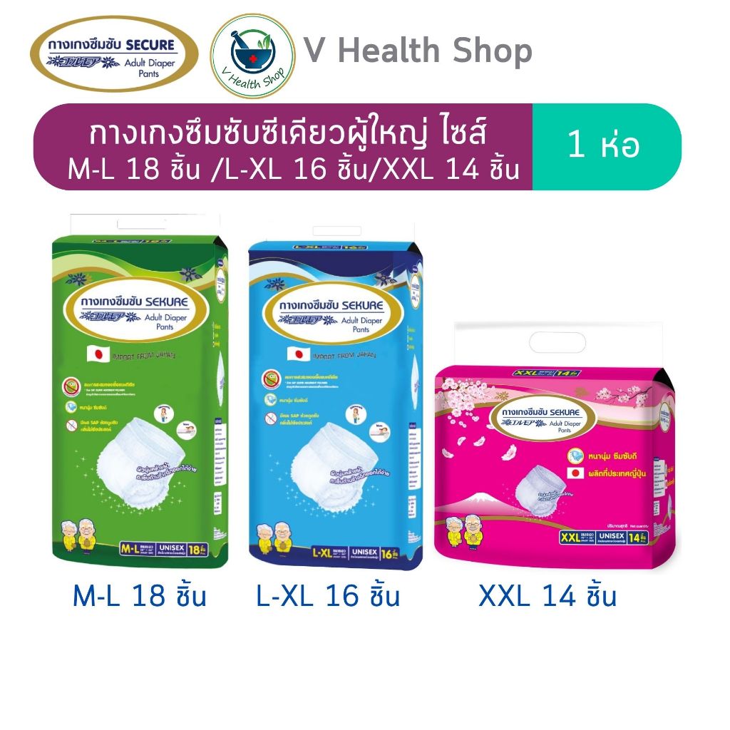 SEKURE กางเกงซึมซับ ซีเคียว M-L(18 ชิ้น) / L-XL(16 ชิ้น) / XXL(14 ชิ้น)ผ้าอ้อมผู้ใหญ่ แพมเพิสผู้ใหญ่