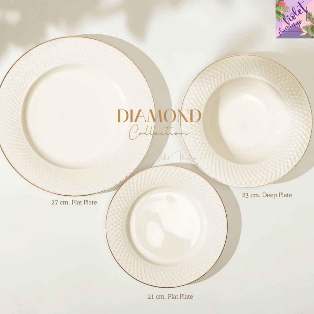 Violet Flamingo จานชามเซรามิกลายเพชรขอบทอง Diamond Plate Set จานเซรามิกคุณภาพเกรดส่งออกต่างประเทศ จานสีขาวงาช้างขอบทอง