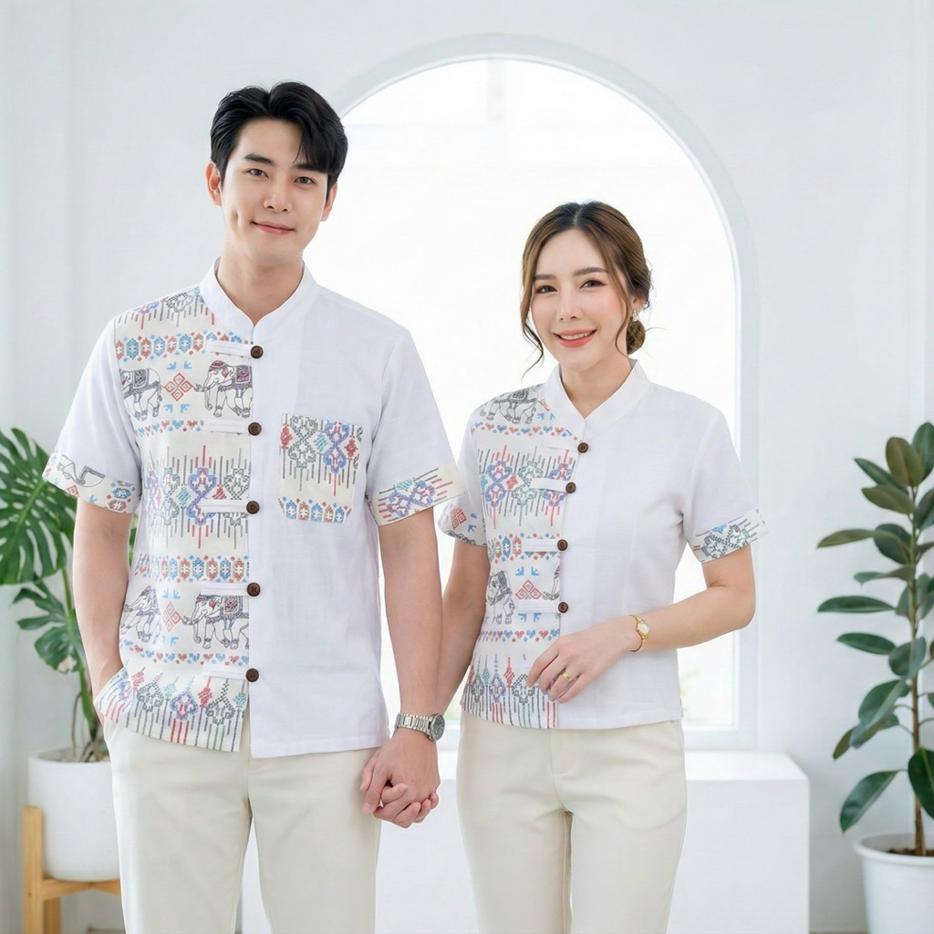 เสื้อพื้นเมืองคู่ ชาย/หญิง ทูโทนลายช้างขาวสี มีทั้งผู้ใหญ่และเด็ก