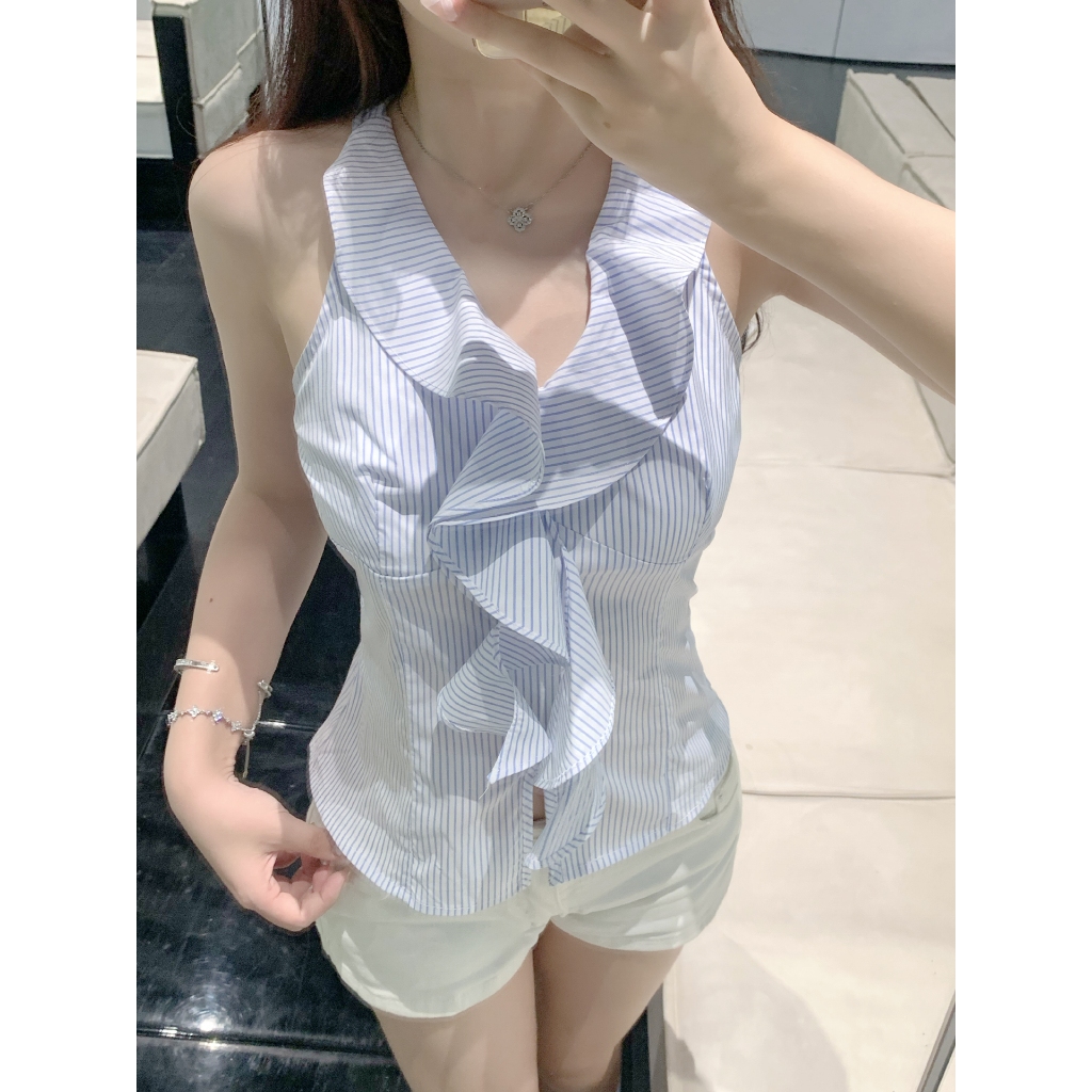 เสื้อเชิ้ตแขนสั้นไร้กระดุม ลายทางสีฟ้า ผ้ามีลวดลายคล้ายผ้าทอแบบเก่า สำหรับผู้หญิง ออกแบบเฉพาะฤดูร้อน ใส่สบาย เหมาะกับการ