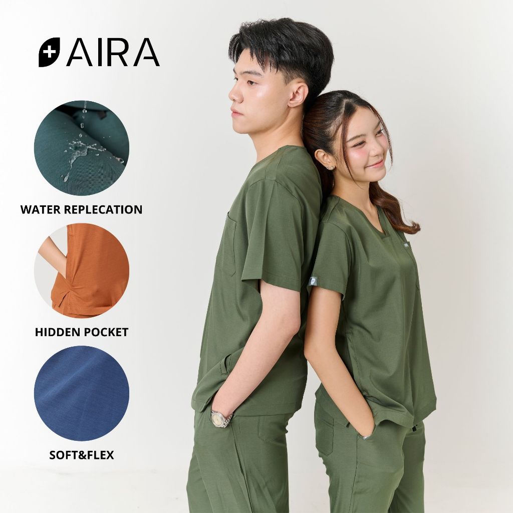 ชุดสครับ พร้อมปักชื่อ สะท้อนน้ำ Aira Scrubs สี เขียว
