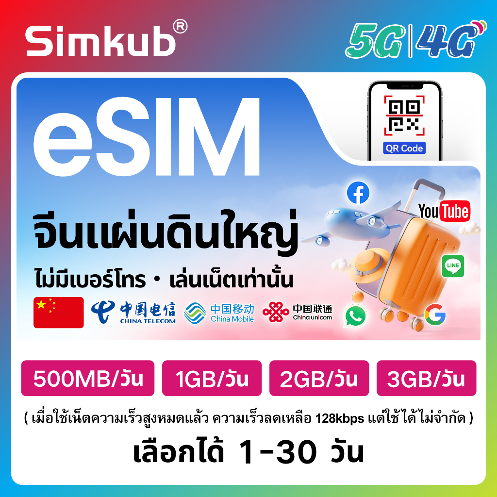 eSIM Mainland China ซิมท่องเที่ยว จีน เน็ต 500MB-3GB/วัน รองรับ 5G/4G เลือกได้ 1-30 วัน