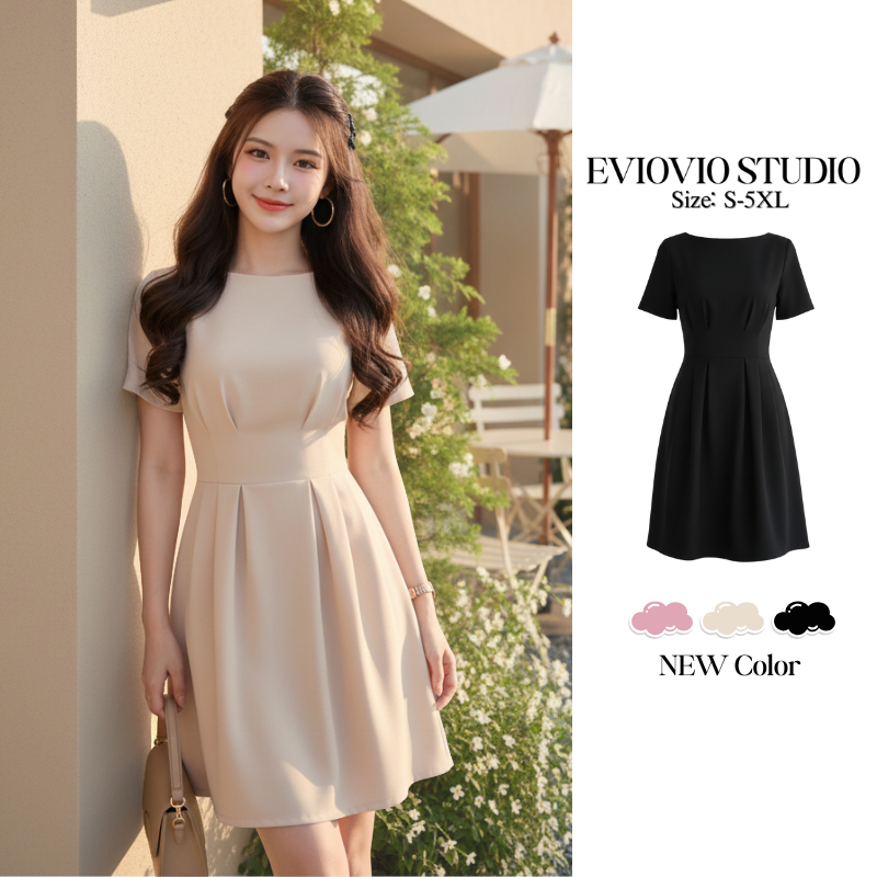 【EVIOVIO】สินค้าใหม่💞💫 เดรสสีพื้น สั้น-ยาว ทำงาน จีบเอว คอกว้าง ทรงเอ เดรสสาวพลัสไซซ์ สาวอวบ ลุคทางการ (S-5XL) พร้อมส่ง 🚚
