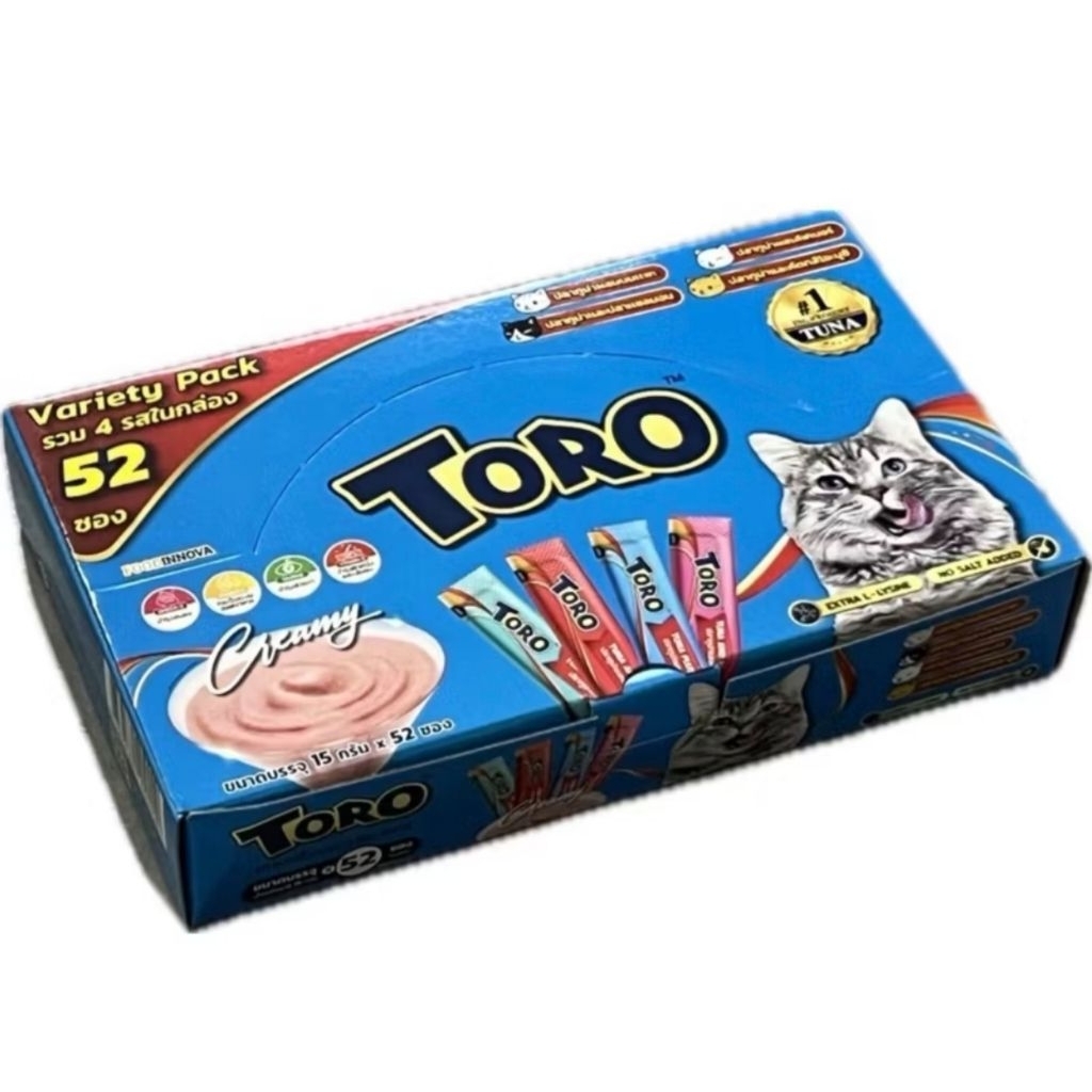 ขนมแมวเลียTOROขนาด52ซอง​ รวม4รสชาติใน1แพ็ค หมดอายุปี 2026///มูชี่ขนมแมวเลีย​ 50​ ชิ้น