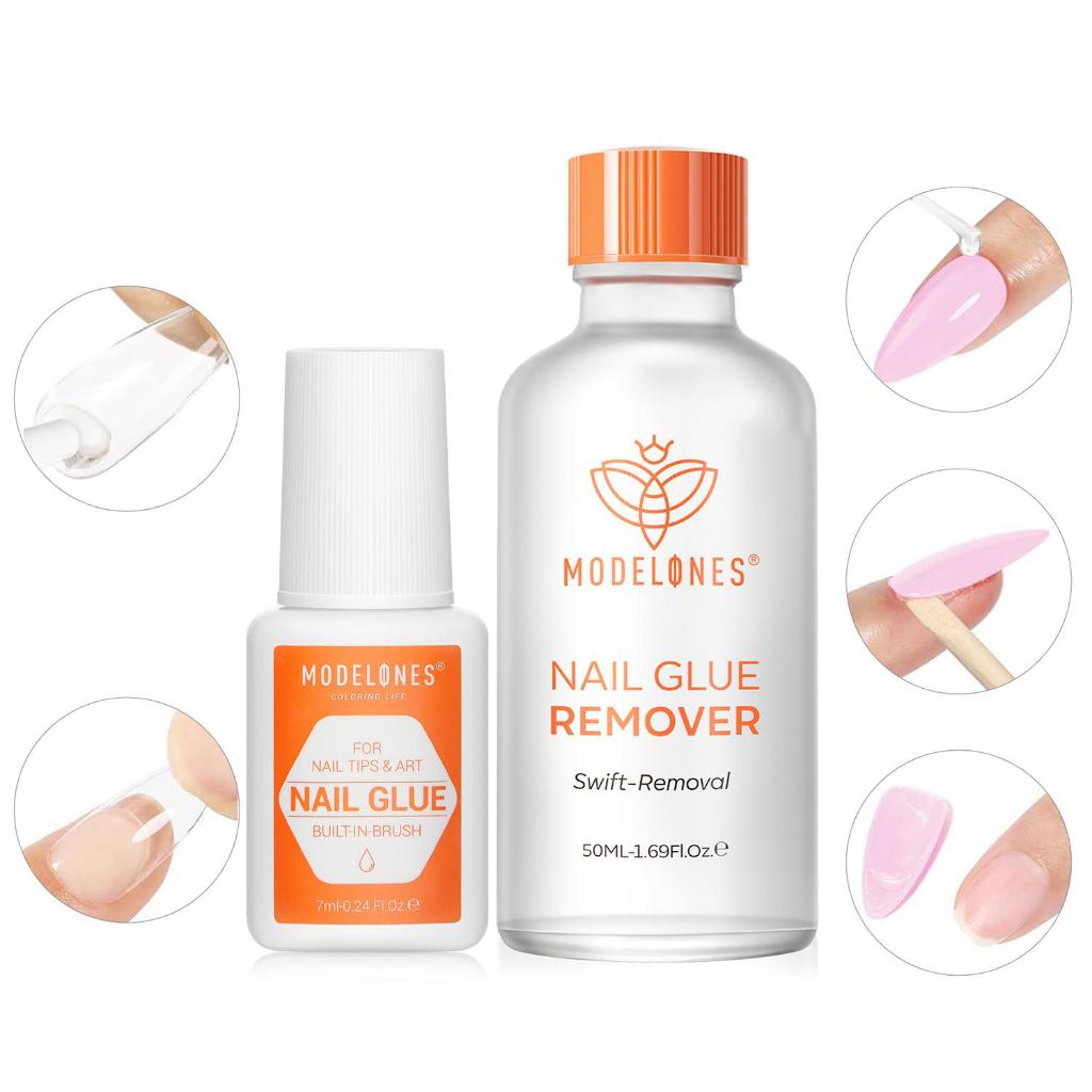 Modelones กาวติดเล็บแห้งเร็ว 3 วิ 7ml + น้ำยาล้างกาวติดเล็บ 1 ขวด ไม่บ่ม UV เหมาะสำหรับผู้เริ่มต้น