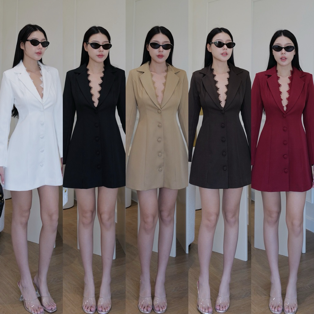 New INTUON ชุดสูทเดรส ทรงหรูดูแพงแต่งลูกไม้รอบหน้าอก เสริมไหล่มีซับใน