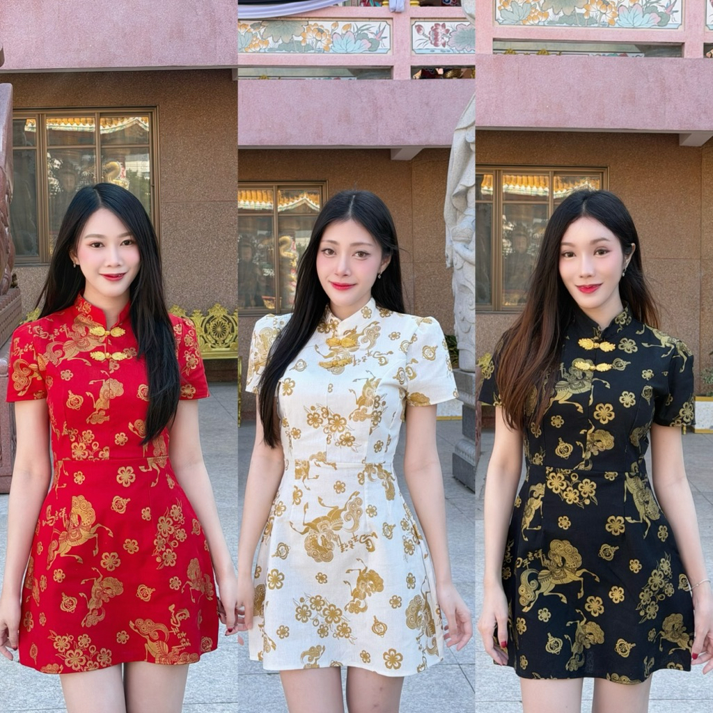 TANTANOD-รหัสCNY4 เดรสสั้นคอจีนทรงเอ แต่งกระดุมจีน