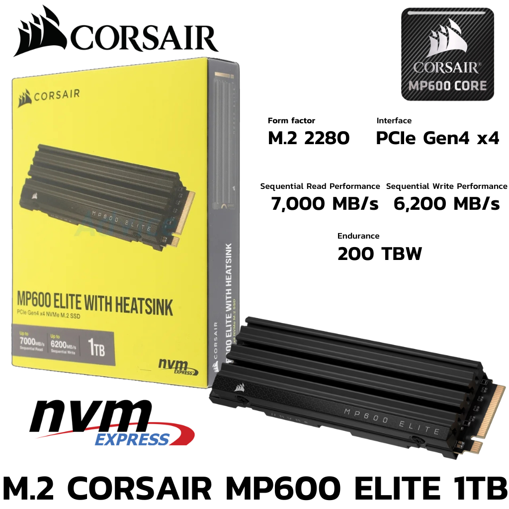 M.2 1 TB SSD (เอสเอสดี) CORSAIR MP600 ELITE WITH HEATSINK - PCIe 4x4 NVMe M.2 2280 (CSSD-F1000GBMP60