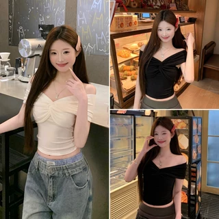 Hotgirl พร้อมส่ง เสื้อแฟชั่นแขนสั้นผู้หญิง เสื้อครอป สไตล์เกาหลีแบบเรียบง่าย สไตล์เปิดไหล่ สาวร้อนแรง