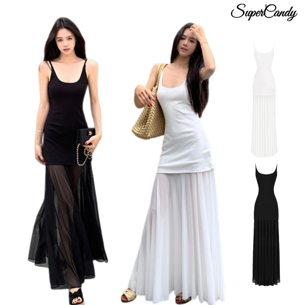 SuperCandy🌷เดรสสีดำและขาว ดีไซน์เรียบหรูและทันสมัย ​​โดดเด่นด้วยแผงผ้าตาข่ายและทรงเข้ารูปช่วงเอว