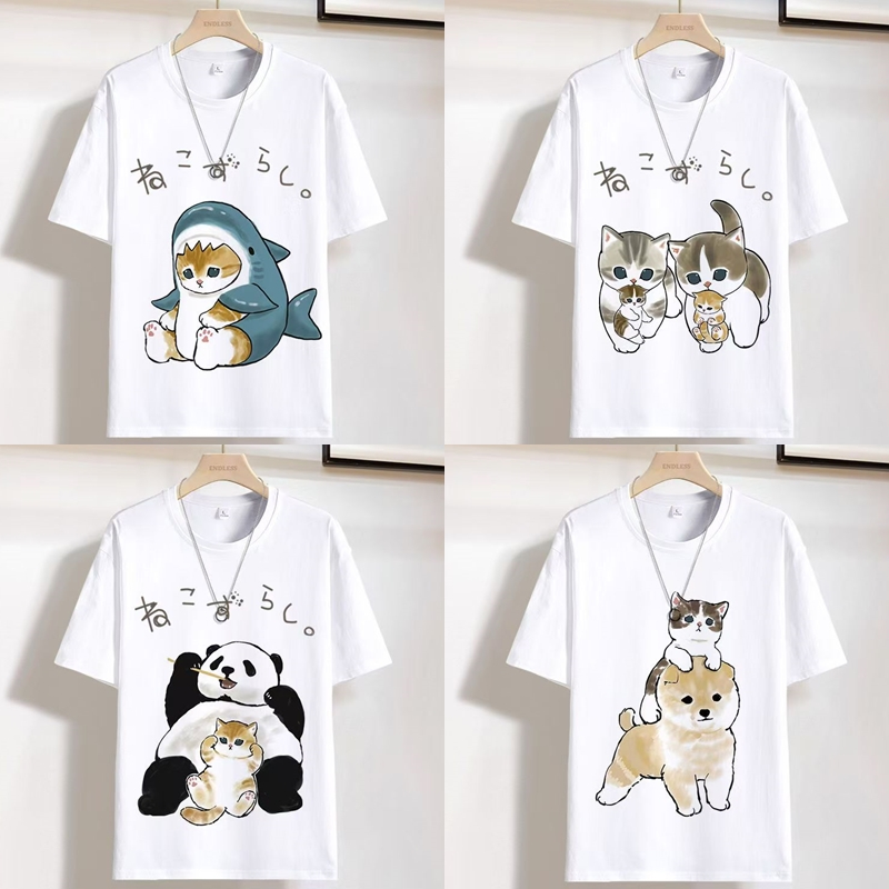 เสื้อยืดคอกลมแขนสั้น สกรีนลายแมว สีขาว ES431-ES435
