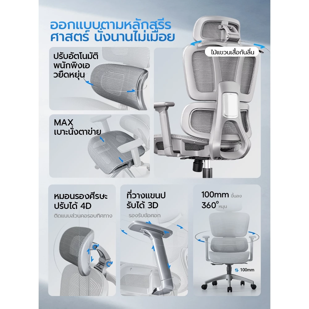 Xpanse LS996 เก้าอี้สุขภาพ ergonomic chair ที่รองหลังยืดหยุ่น หมอนหัวปรับได้ 4D office chair ผ้าตาข่ายระบาย เก้าอี้คอม thumbnail 3