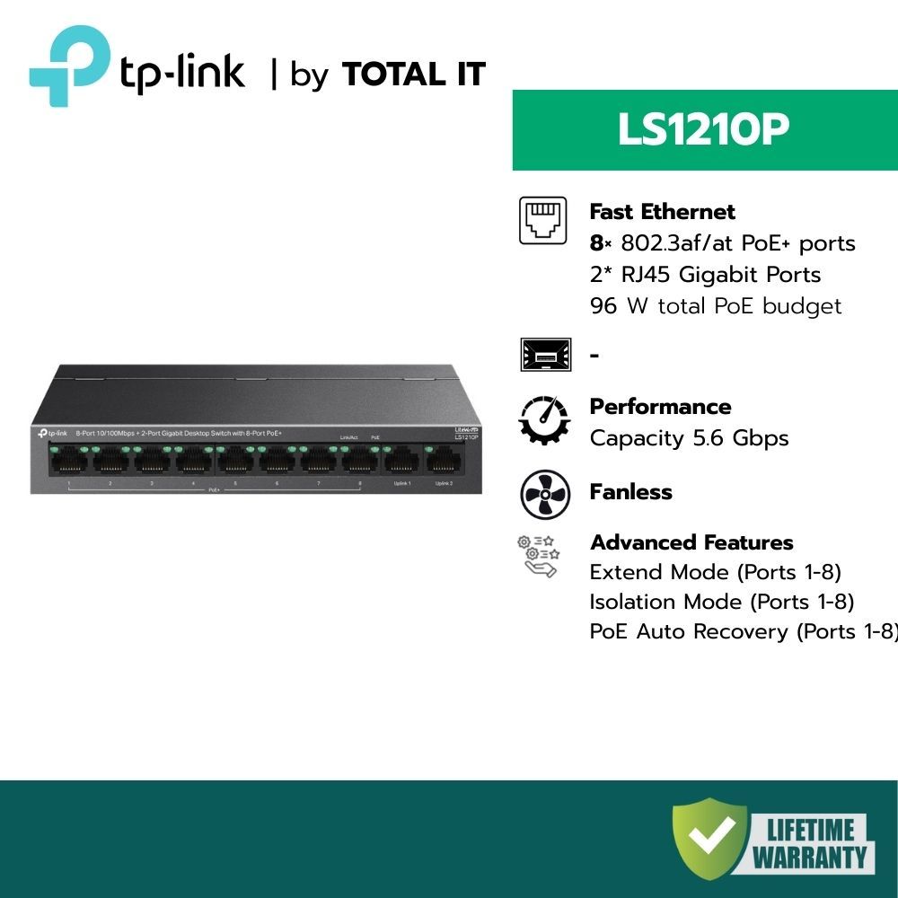 Switch PoE TP-Link LS1210P 8 Port + 2 Gigabit Uplink จ่ายไฟ 96W ไกล 250m