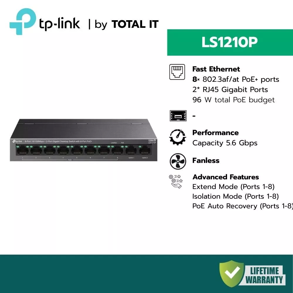 Switch PoE TP-Link LS1210P 8 Port + 2 Gigabit Uplink จ่ายไฟ 96W ไกล 250m