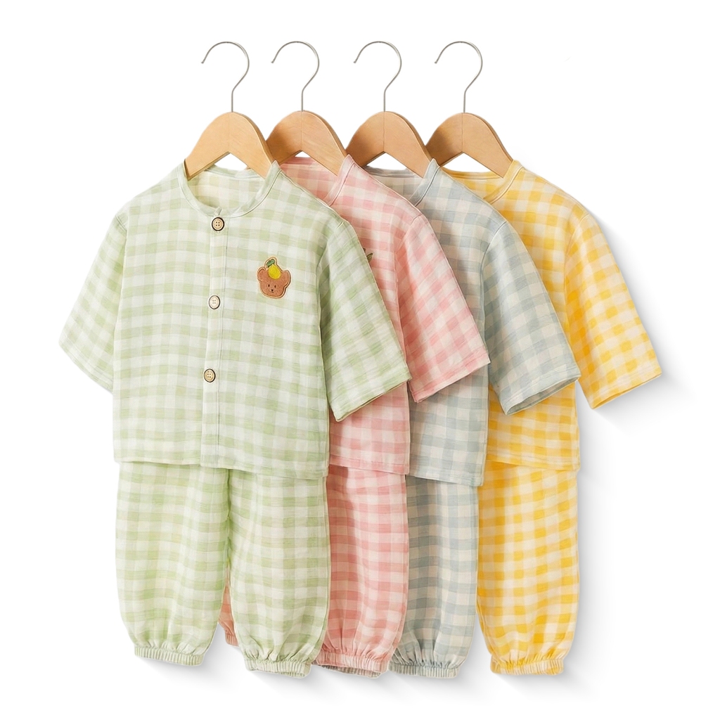 【พร้อมส่ง】เกาหลีเซ็ต 2ชิ้น ชุดนอนน่ารักๆ แฟชั่นสำหรับเด็กหญิง เด็กชาย ลายสก็อด ขายาว สีสวย ผ้านุ่ม เบา ใส่สบาย