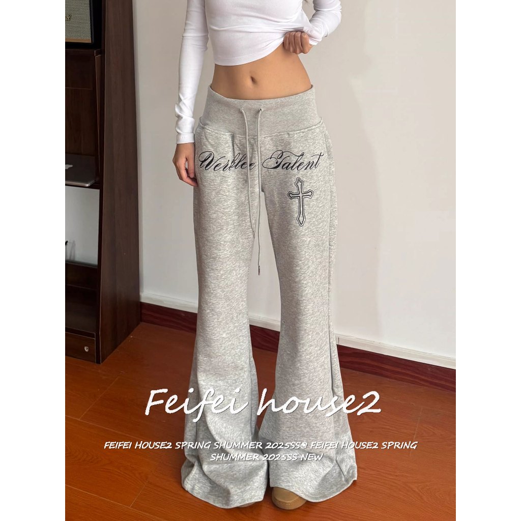 [Women's letter cross print trousers]ผู้หญิงพิมพ์ลายตัวอักษรไขว้สำหรับกางเกงขายาวเอวสูงแบบมีเชือกผูก