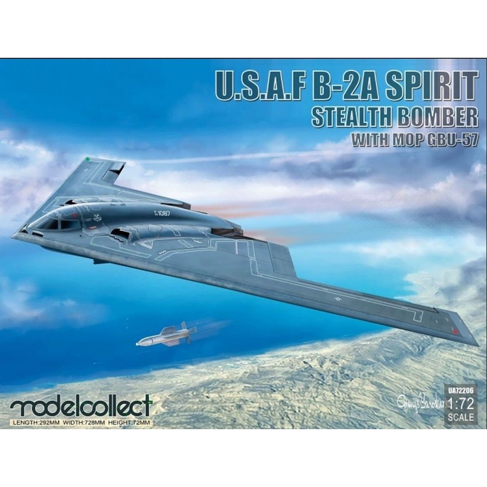 พลาสติก โมเดล ประกอบ MODELCOLLECT สเกล 1/72 USAF B-2A Spirit Stealth Bomber with Mop GBU-57 (72206)