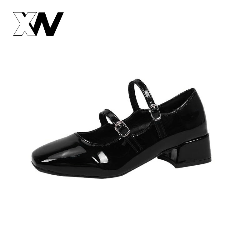 XWbrand  รองเท้าคัชชูแฟชั่นหัวเหลี่ยมส้นหนา  ดีไซน์สายคู่ เปิดหน้า ส้นเตี้ย พื้นนุ่ม หลายสี ใส่แล้วดูผอม